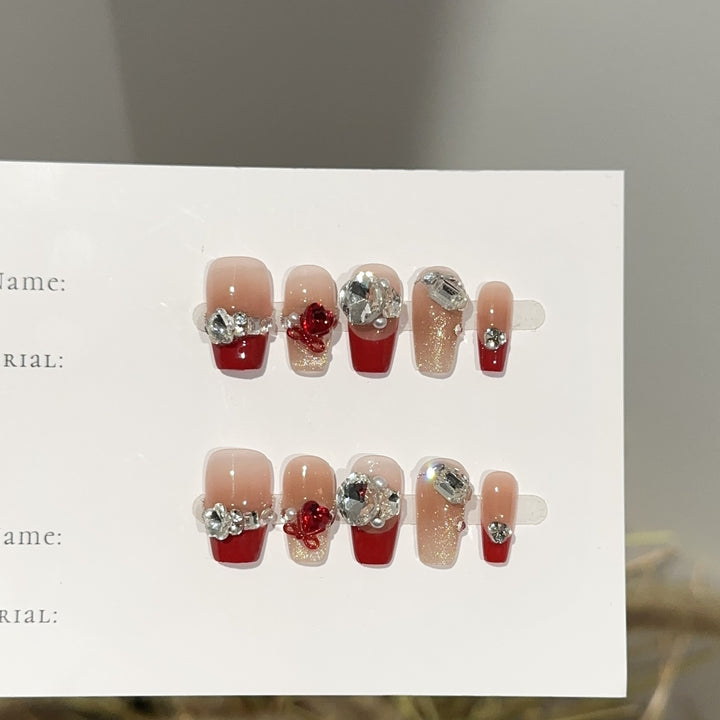 Decorative Press-On Nail Art Set with Gemstone Accents