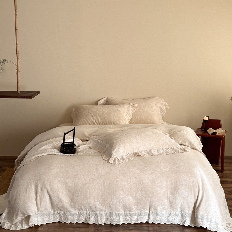 Bedding set made of cotton-linen with delicate jacquard texture and lace border