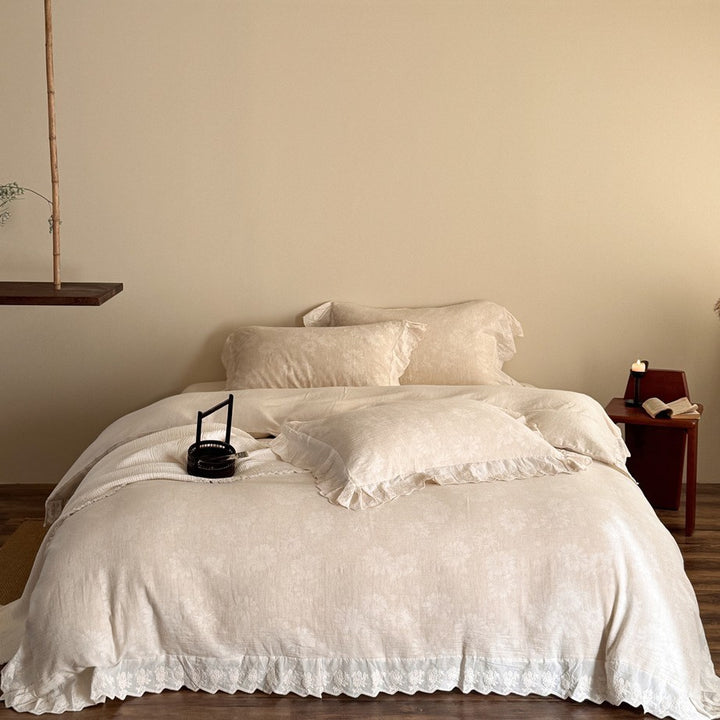 Bedding set made of cotton-linen with delicate jacquard texture and lace border