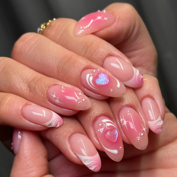 Acrylic nail set with romantic heart design and glitter accents Kalsten