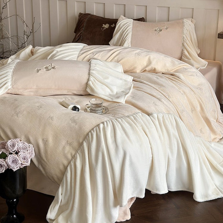 Satin bedding set with gathered ruffles and delicate butterfly embroidery