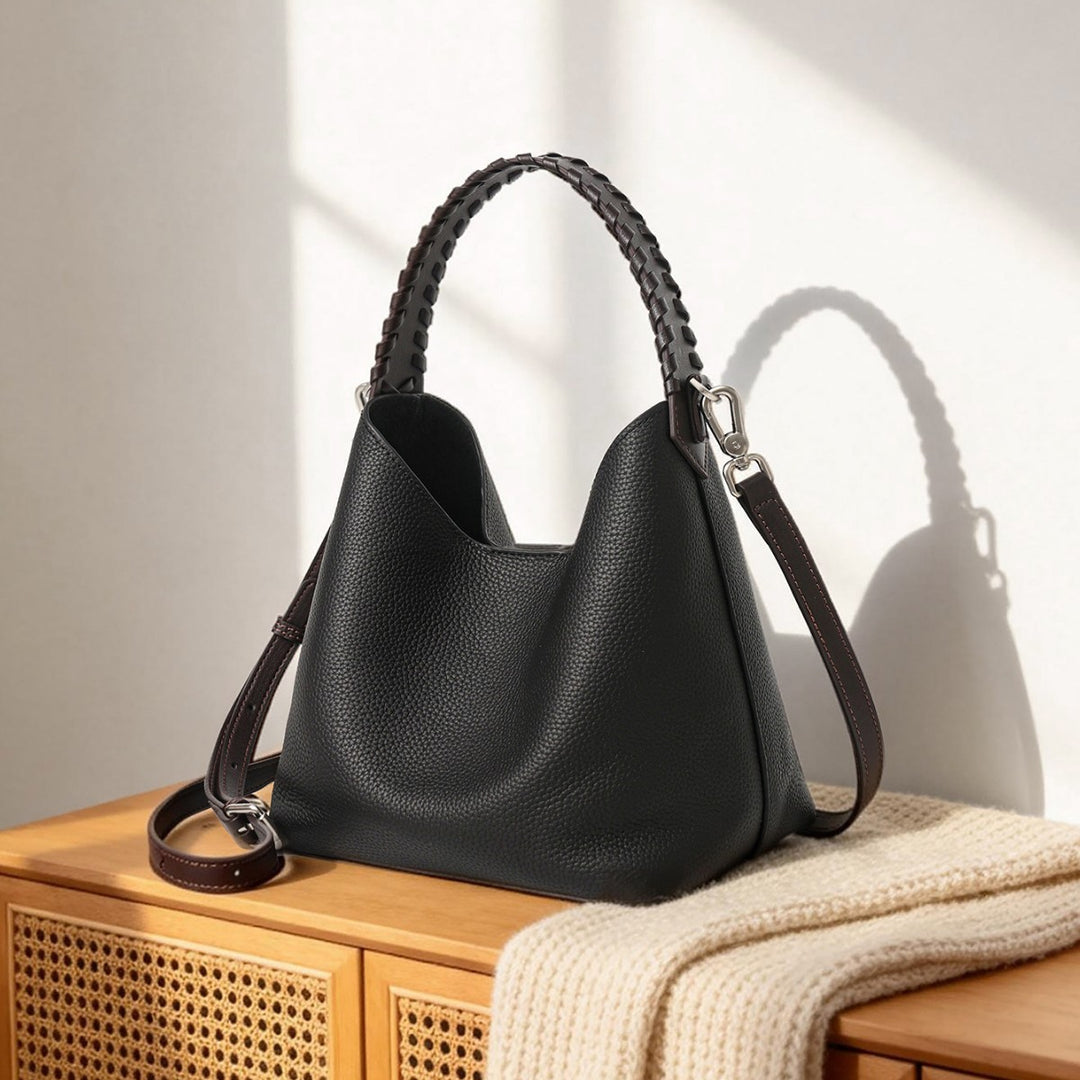 Pebbled Leather Bucket Hobo Bag with Braided Top Handle & Detachable Shoulder Strap