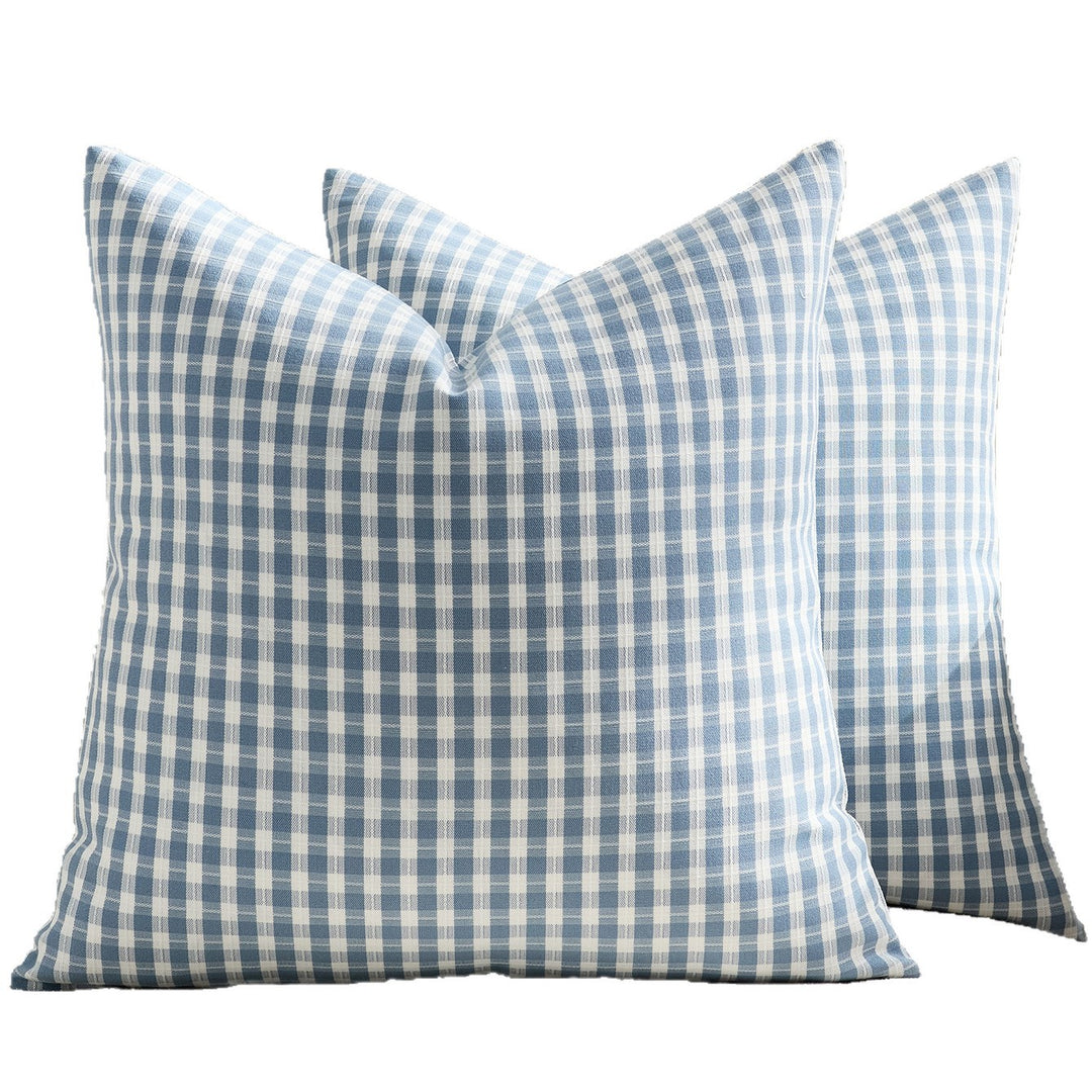 Gingham Cotton-Linen Square Throw Pillow Covers with Hidden Zipper Pair