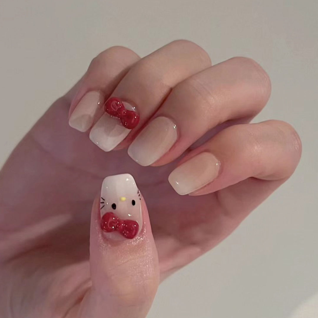 Artistic artificial nails with cute animal design and bow accents Kalsten