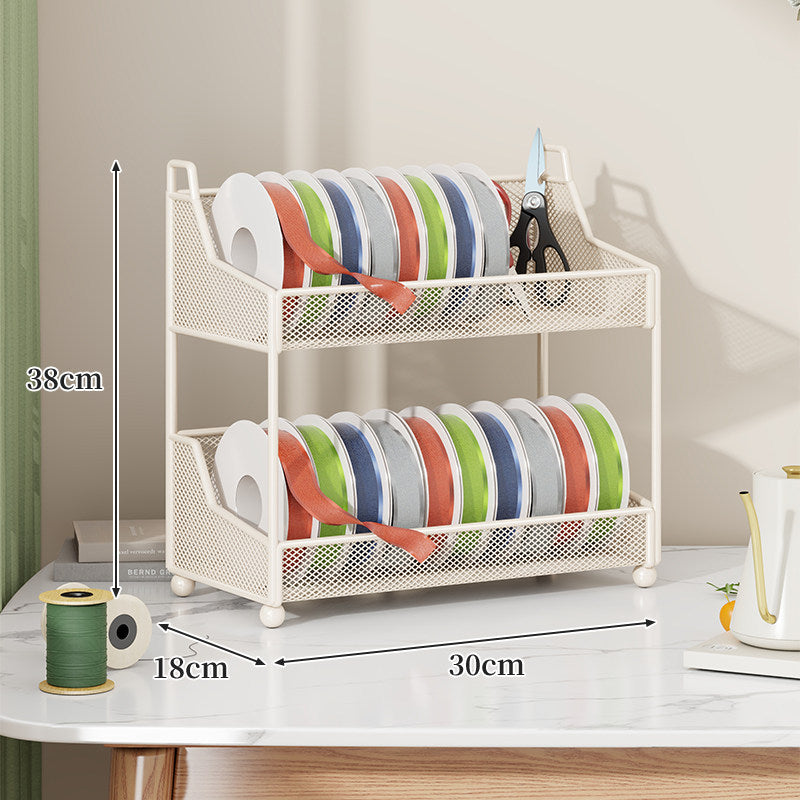 Metal Mesh Ribbon and Tape Spool Organizer with Integrated Scissor Slot