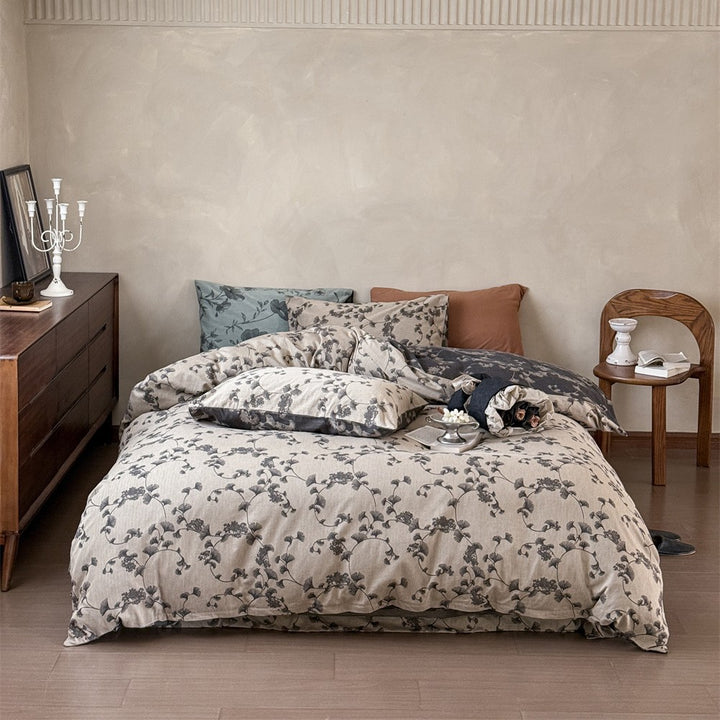 Premium cotton bedding set with floral all-over woven texture and light quilting