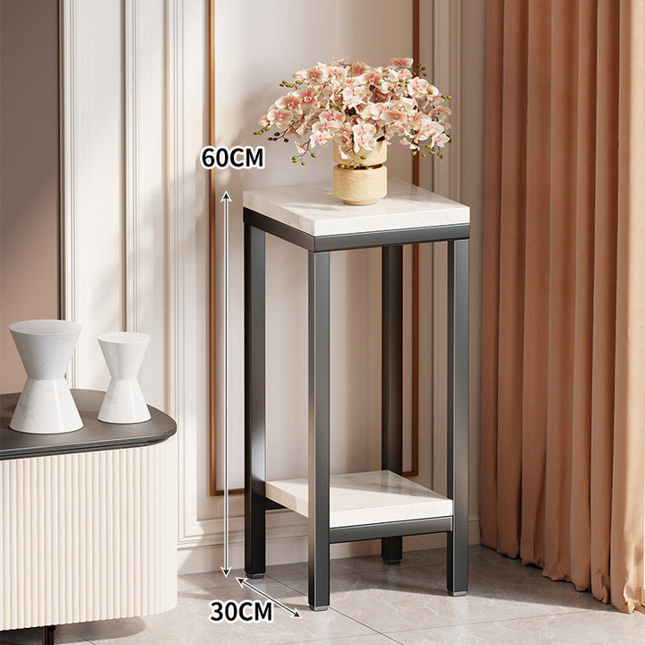 Tall Narrow Marble-Top Plant Stand Side Table with Lower Shelf and Gold Metal Frame