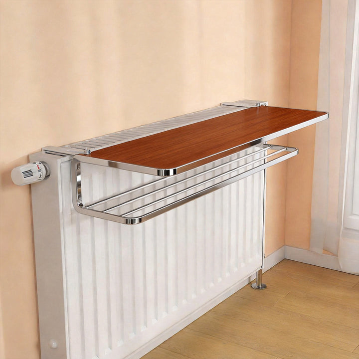 Radiator-Mounted Heated Drying Shelf with Foldable Hanging Bars