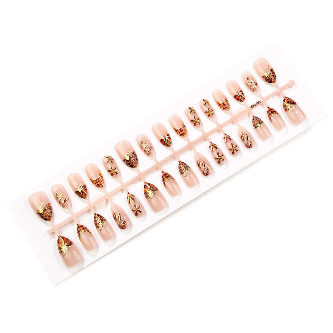 Decorative Press-On Nail Art Set with Elegant Floral and Gold Accents Kalsten