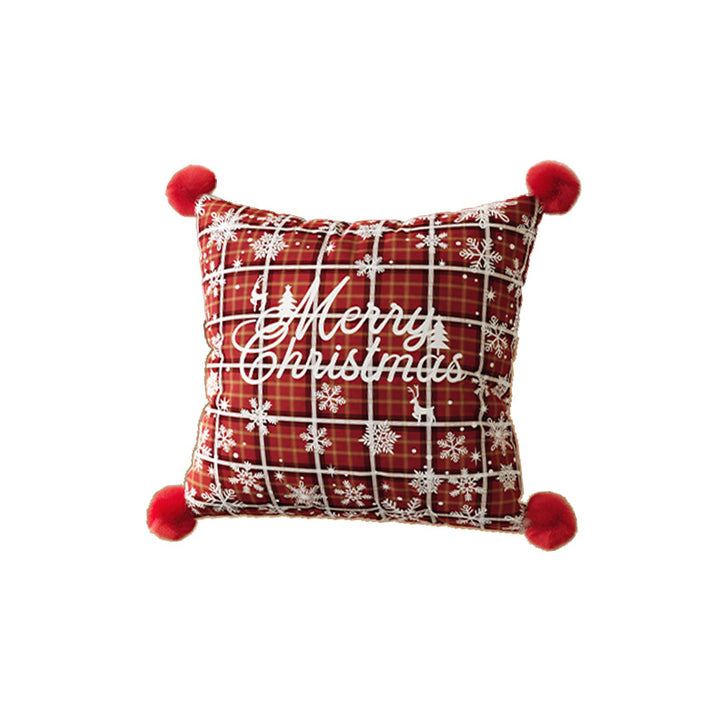 Festive Plaid Pom-Pom Corner Decorative Christmas Throw Pillow Cover