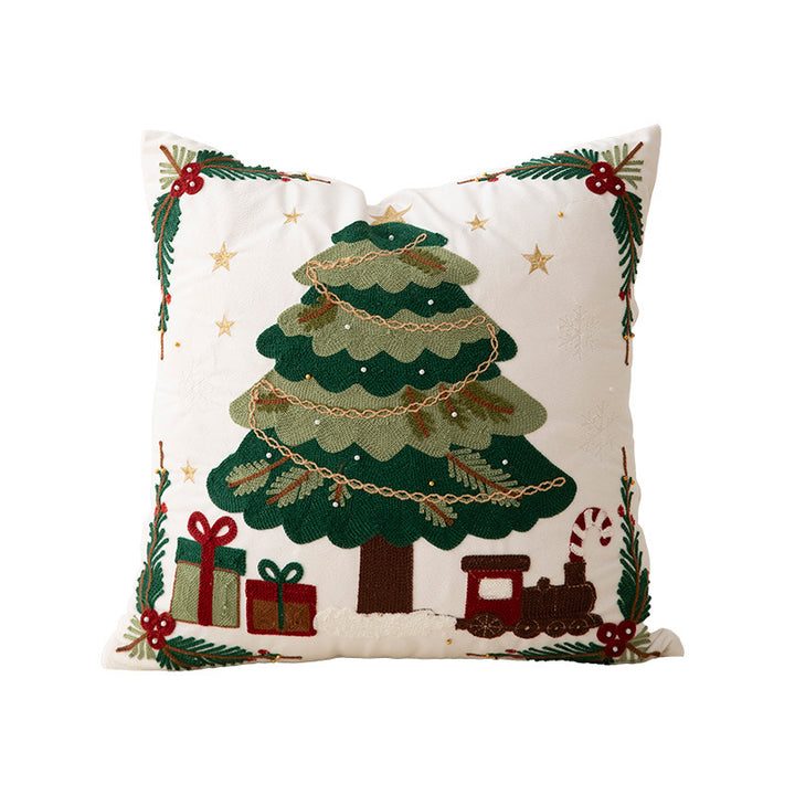 Embroidered Christmas decorative pillow cover with sequins and festive wreath motif