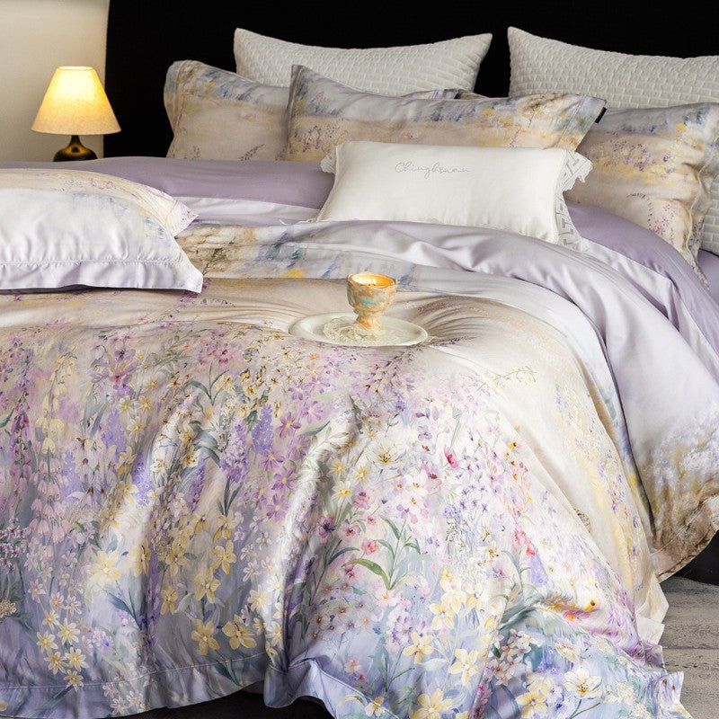 Silk-gloss satin bed linen set with watercolored meadow flower print and concealed zipper