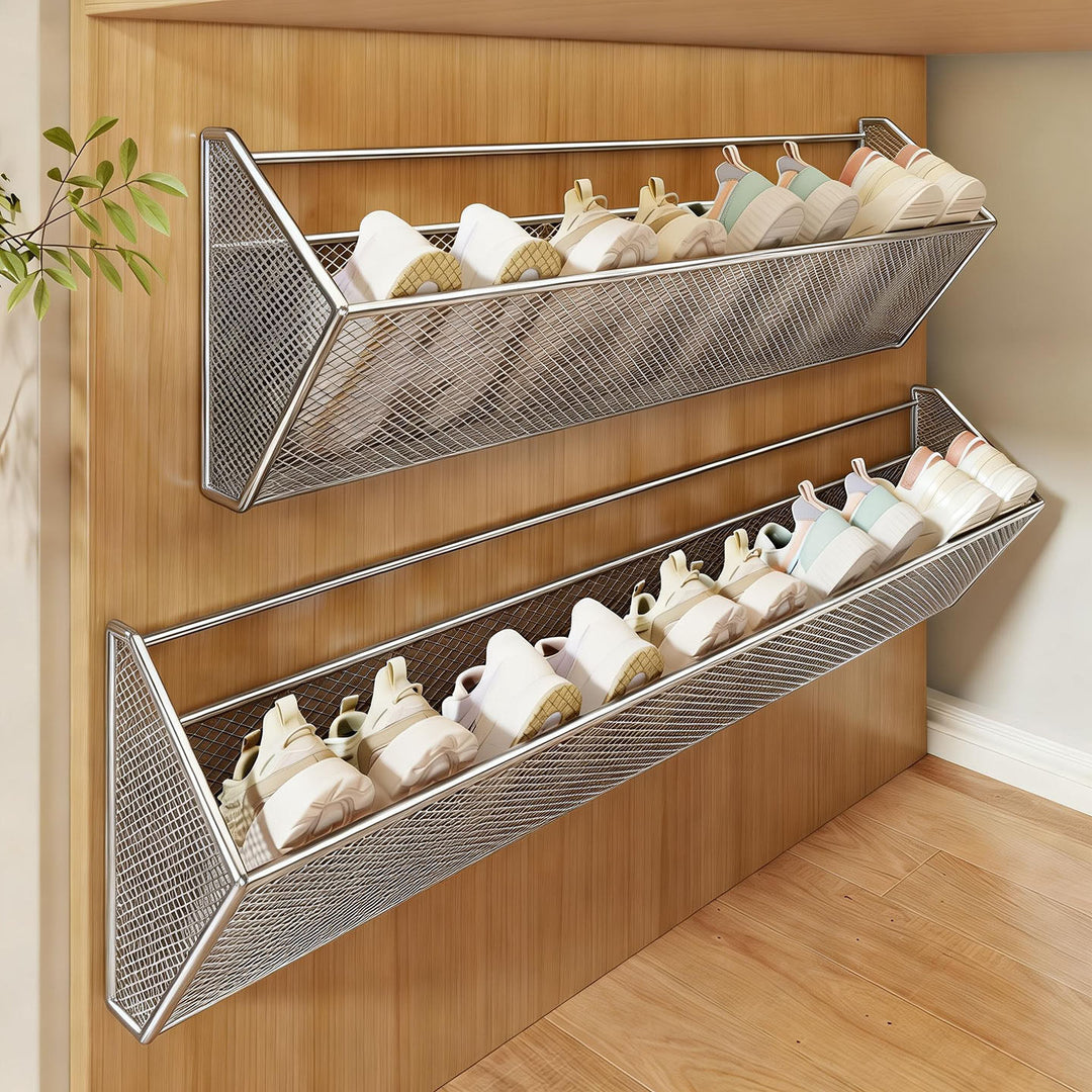Wall-Mounted Slim Mesh Shoe and Slipper Storage Rack with Angled Ventilated Basket