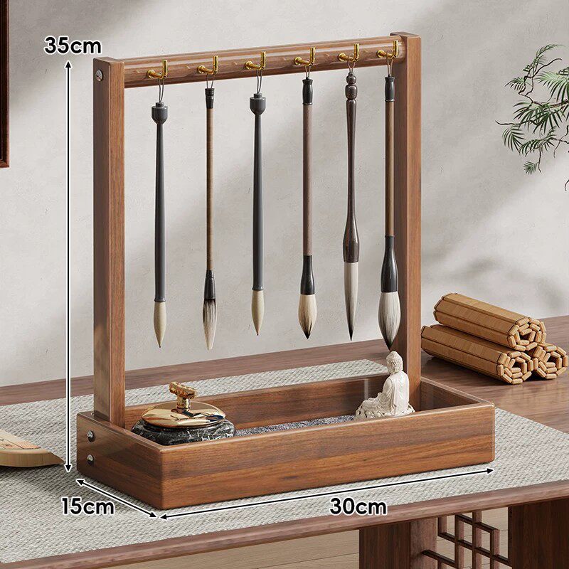 Desktop Wooden Calligraphy Brush Stand with Sand Tray and Hanging Hooks