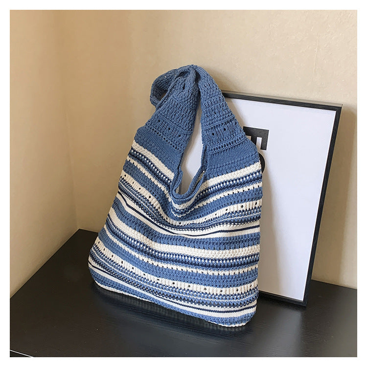 Bohemian Striped Crochet Tote Bag