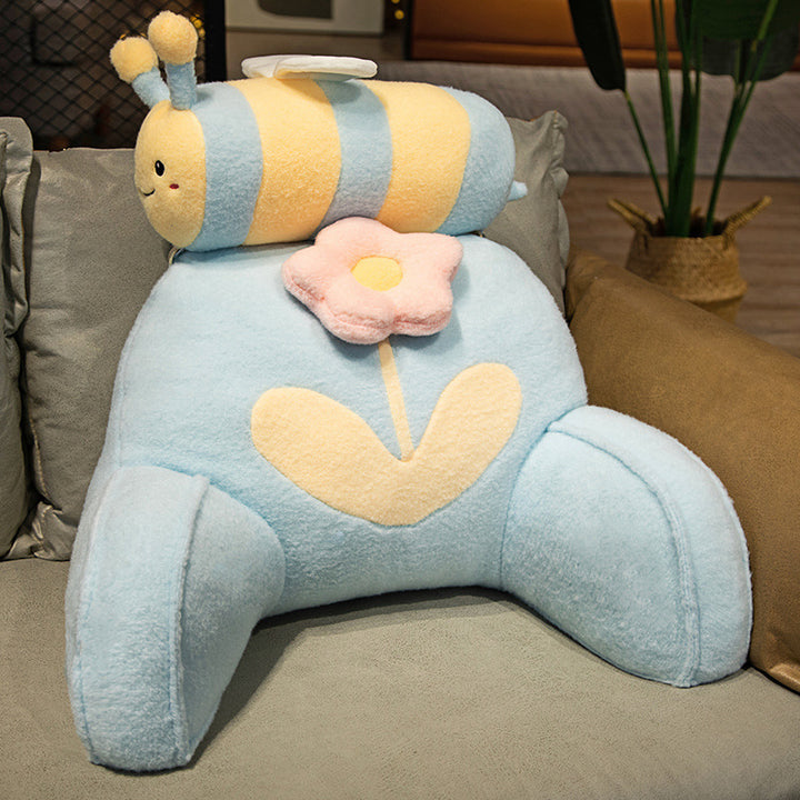 Padded reading back support cushion with armrests and removable neck roll in bee-flower plush design