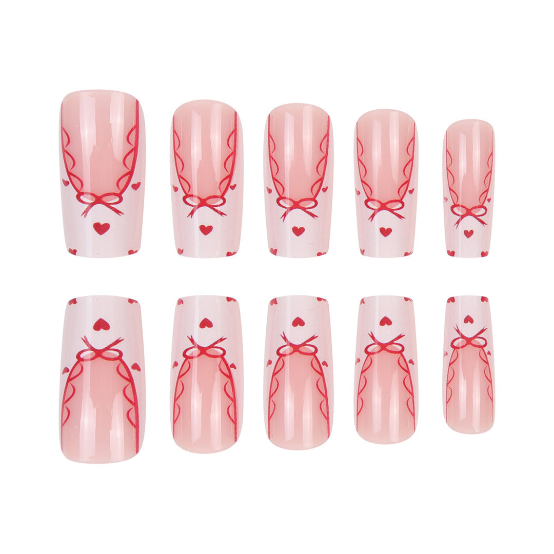 Decorative Long Press-On Nail Set with Bow and Heart Design Kalsten
