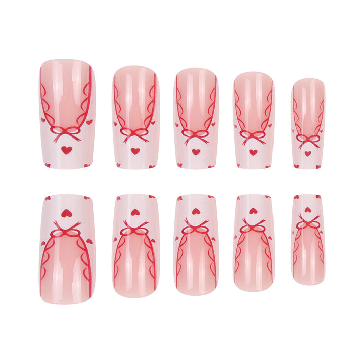 Decorative Long Press-On Nail Set with Bow and Heart Design Kalsten