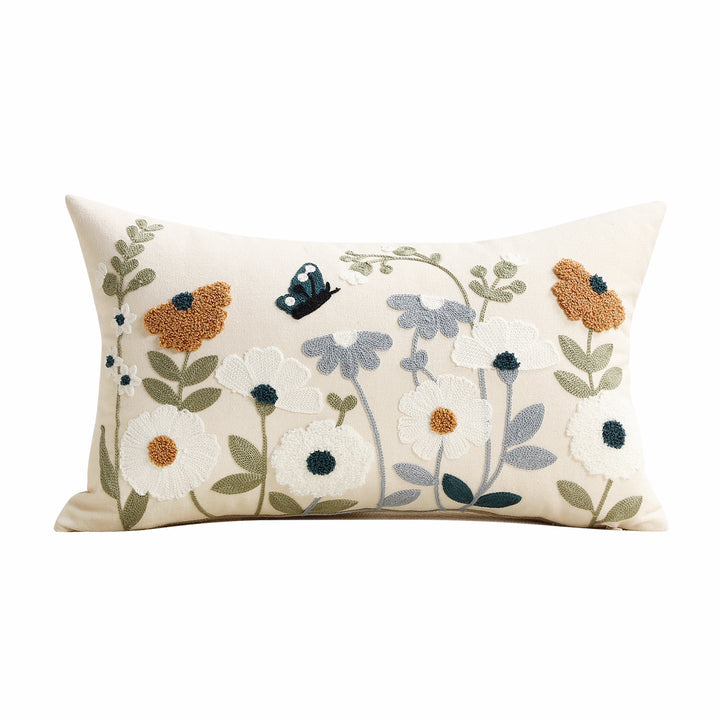 Decorative Square Embroidered Floral Tufted Linen Pillow Cover