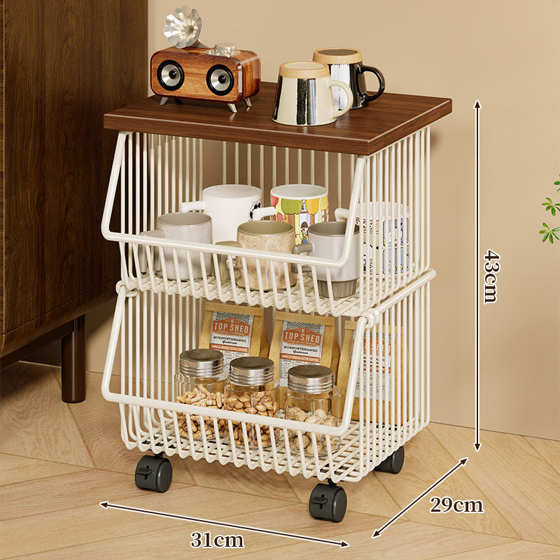 Mobile Four-Tier Kitchen Pantry Organizer Cart with Wood Top and Rolling Wire Baskets