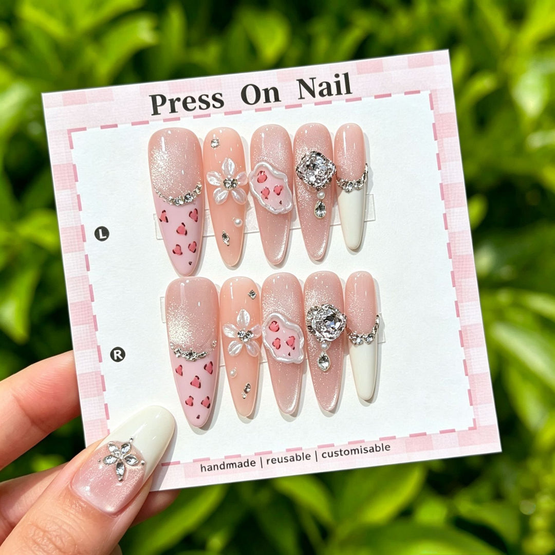 Artistic Press-On Nail Art Set with Cute Character and Bow Accents