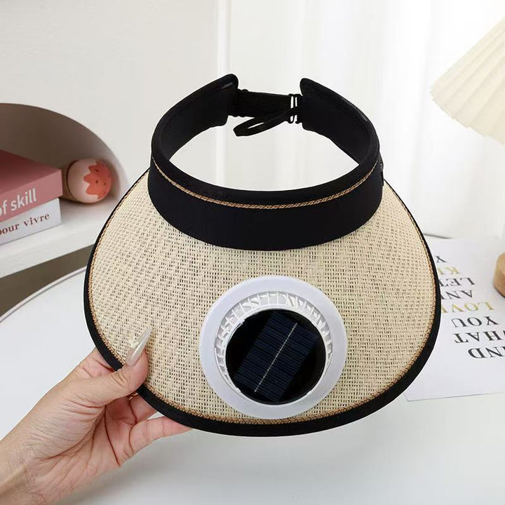 Foldable straw hat visor with integrated solar fan, adjustable neck strap, and breathable sweatband Kalsten