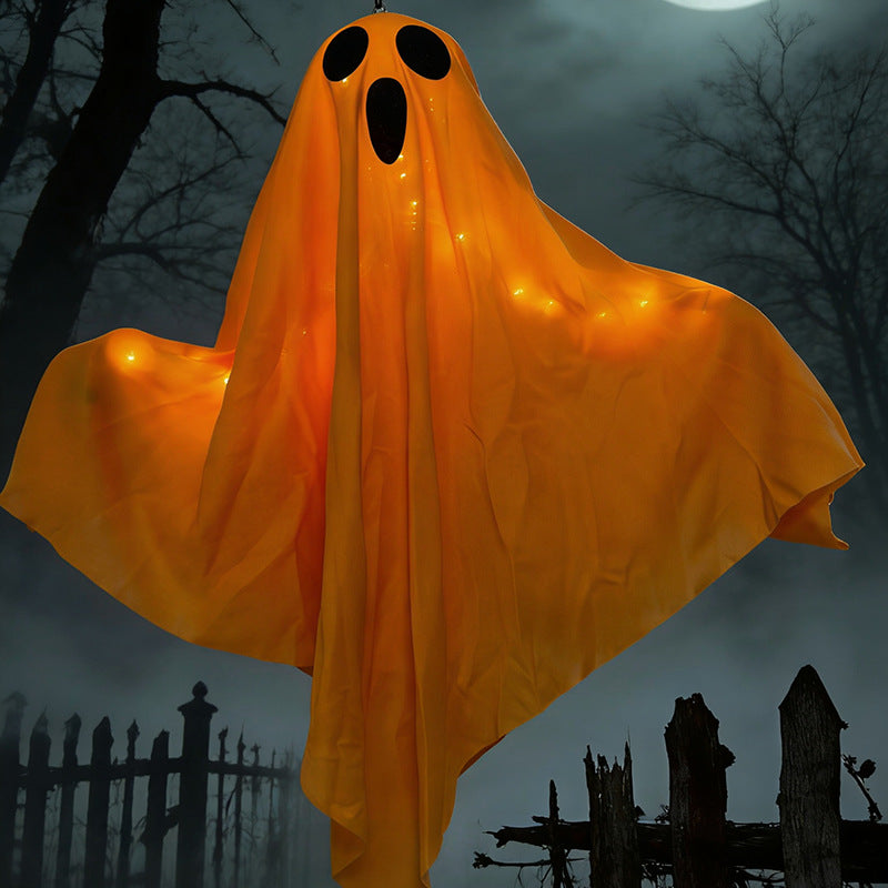 Hanging ghost decoration made of fabric with integrated LED string lights