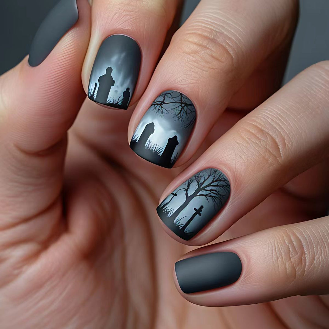 Creative nail art with dramatic tombstone design Kalsten