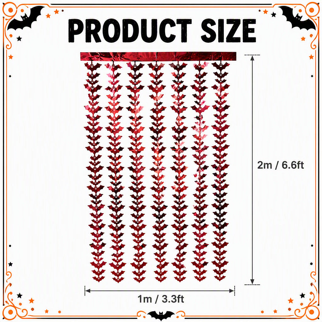 Hanging Halloween curtain made of metallic foil strips with bat silhouettes