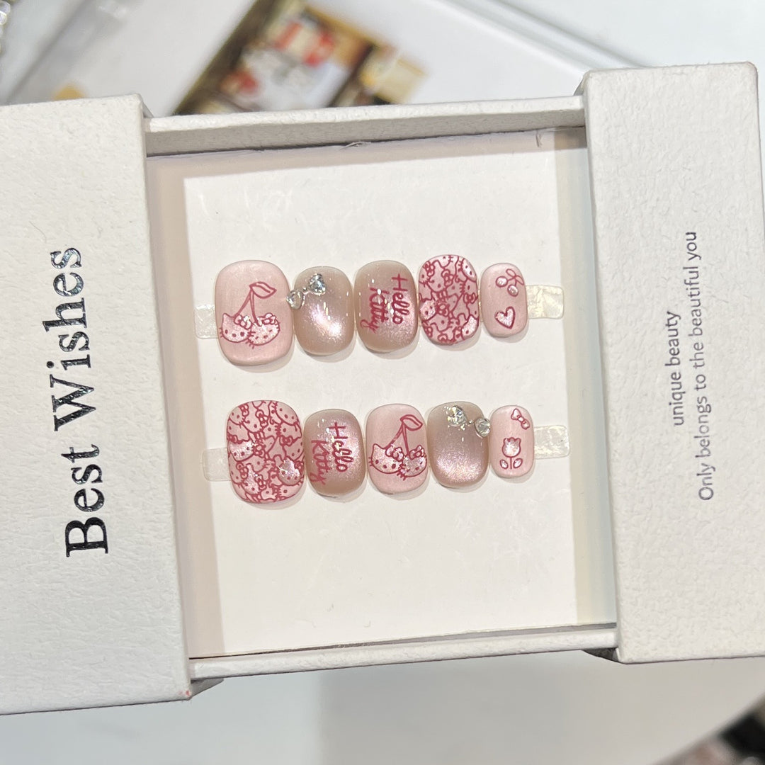 Decorative Press-On Nail Art Set with Cherry and Bow Accents Kalsten