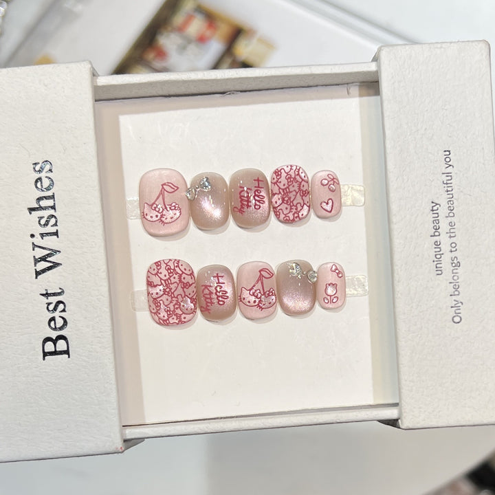 Decorative Press-On Nail Art Set with Cherry and Bow Accents Kalsten