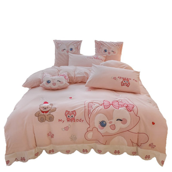 Playful children's bedding set with embroidered cat appliqué and cuddle pillow
