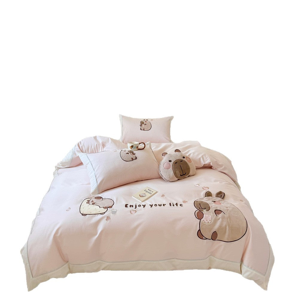 Kawaii bedding set with appliquéd plush bears and breathable cotton satin
