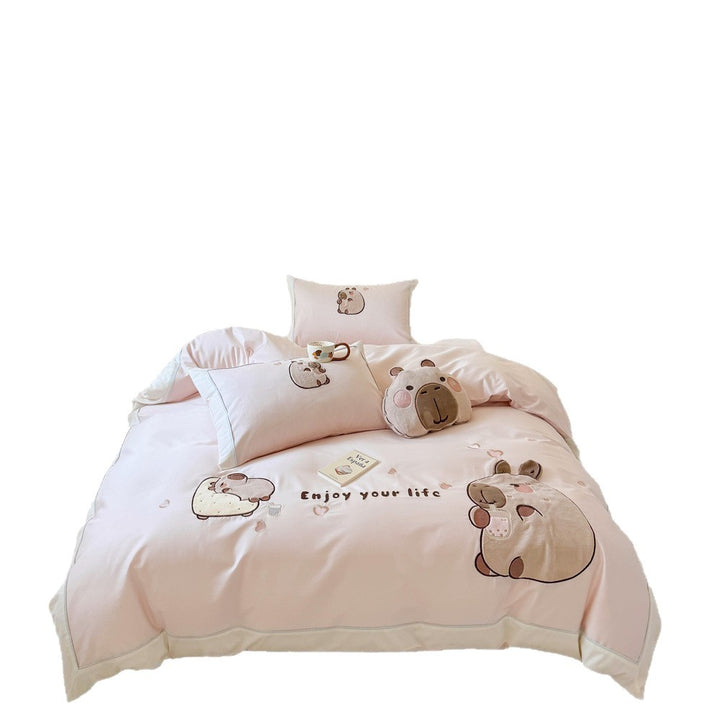Kawaii bedding set with appliquéd plush bears and breathable cotton satin