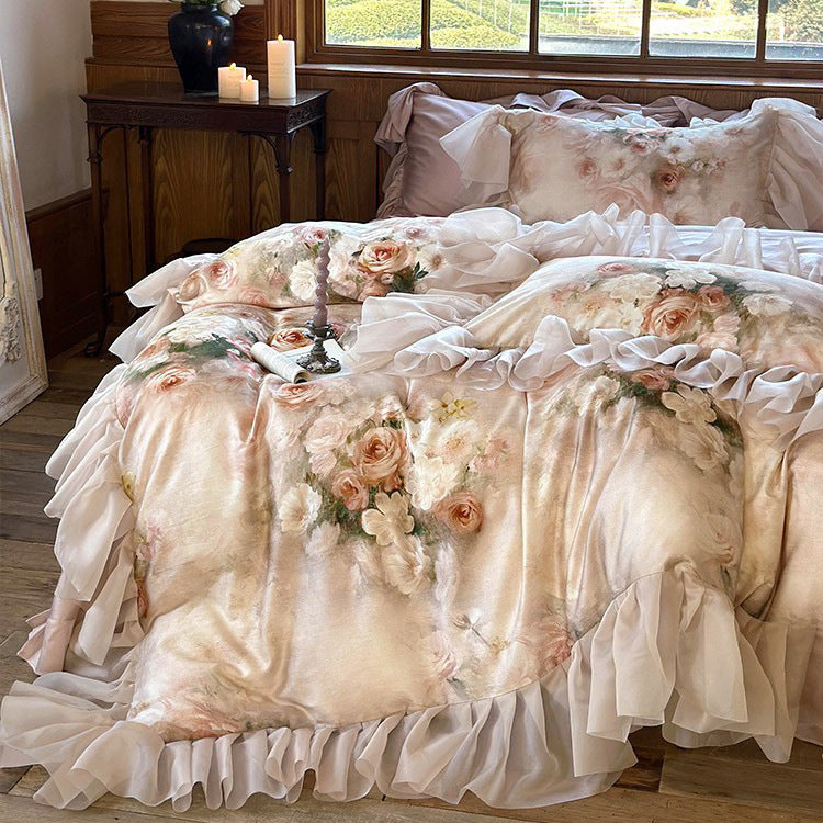 Romantic ruffled bedding set made of fine cotton satin with watercolor flower print & ruffled bed skirt