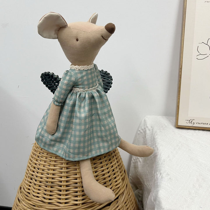 Handmade Linen Bunny Soft Cloth Doll with Embroidered Overalls