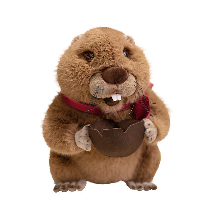 Plush Beaver Collectible Cuddle Toy with Walnut Prop, Red Scarf & Embroidered Details Kalsten