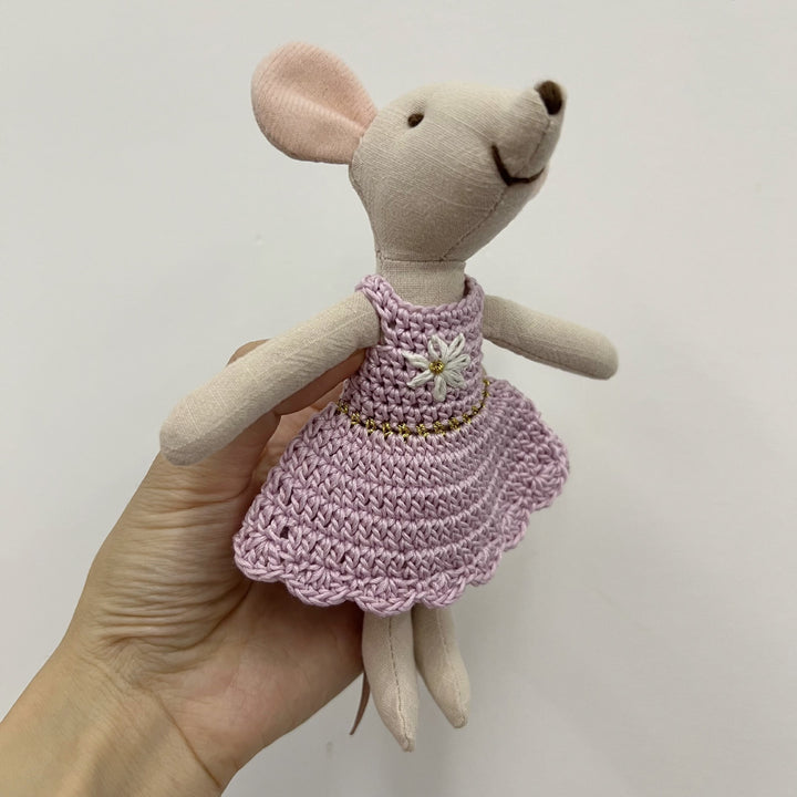 Handmade Linen Mouse Doll with Crocheted Dress and Embroidered Details