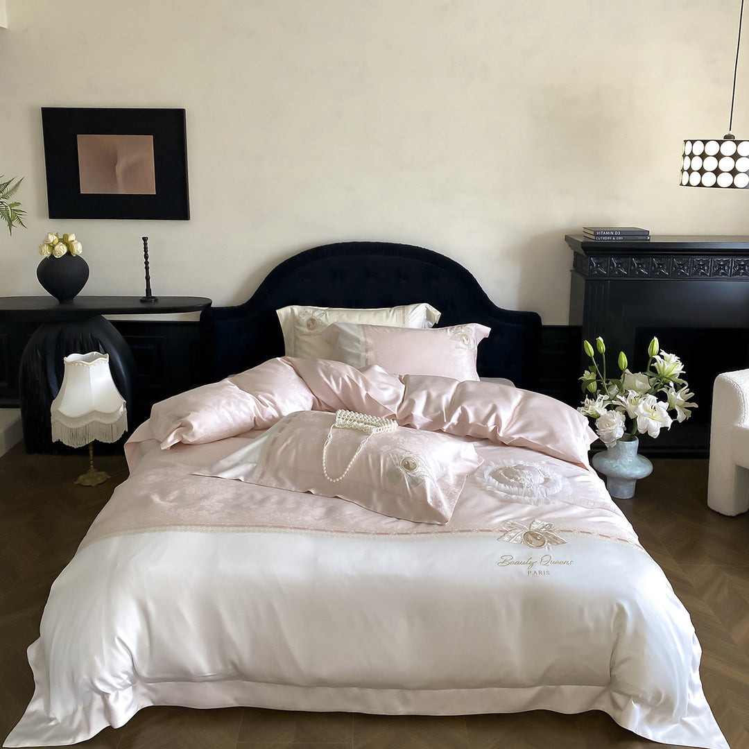 Luxurious satin bedding set with fine embroidery and pillowcases