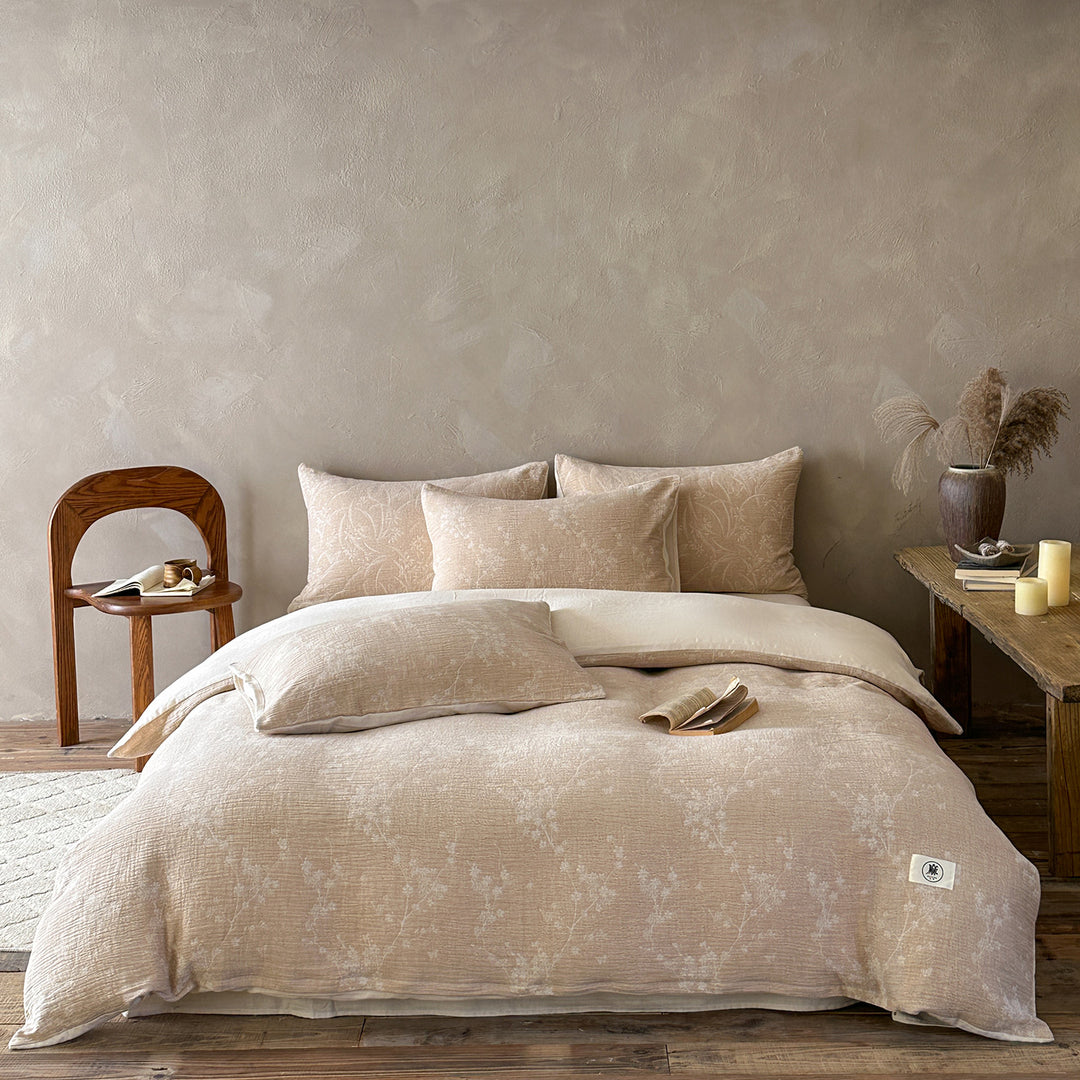 Luxurious cotton-linen bedding set with a lightweight quilted texture and floral jacquard