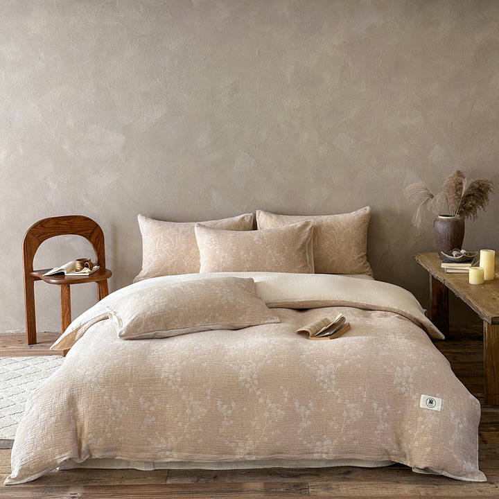 Luxurious cotton-linen bedding set with a lightweight quilted texture and floral jacquard