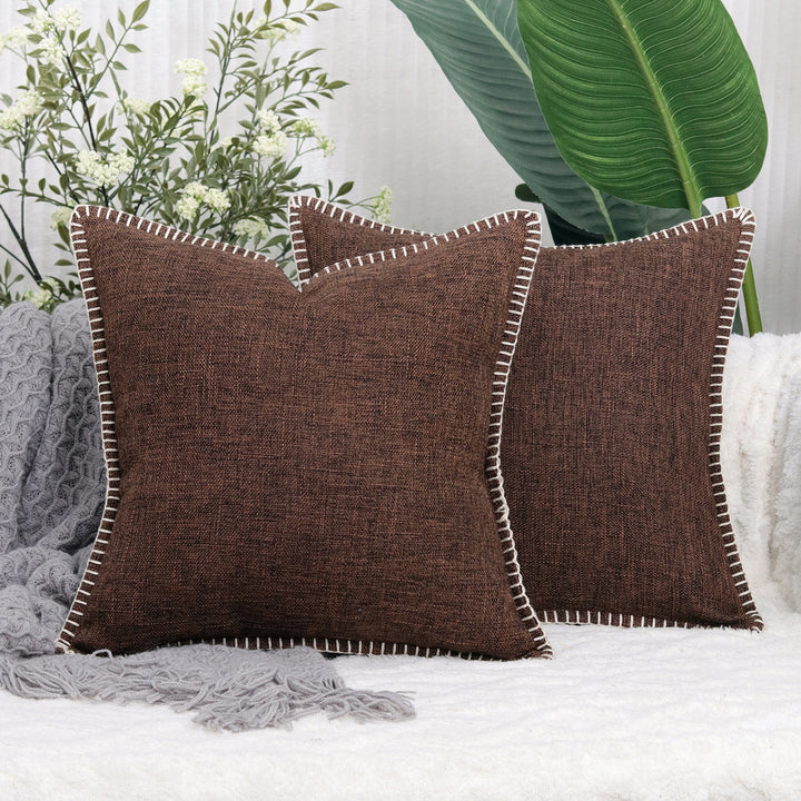 Textured Linen-Blend Square Throw Pillow Cover with Contrast Whipstitch Edge