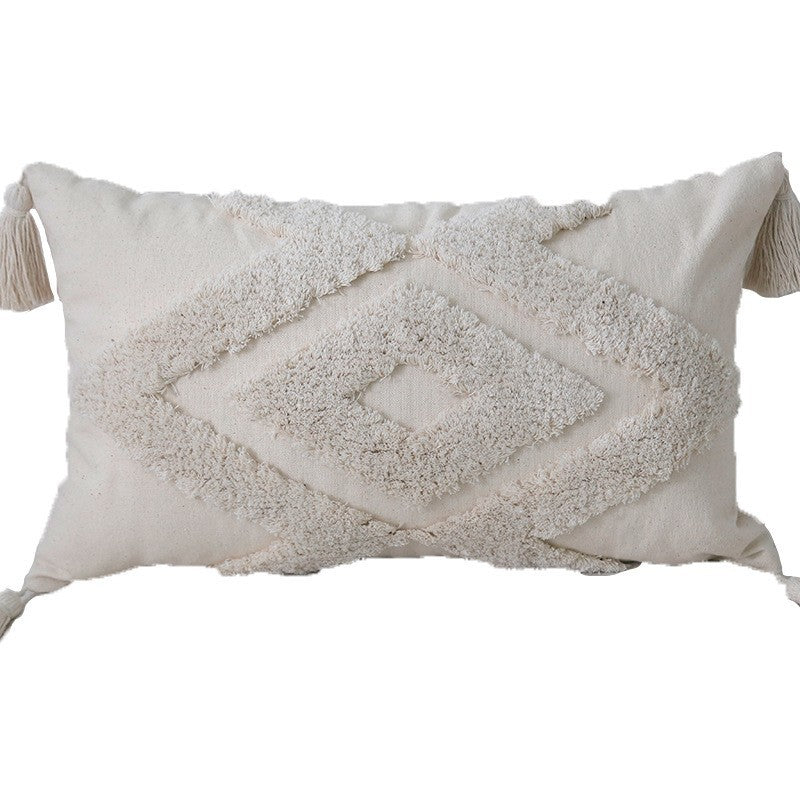 Bohemian Tufted Cotton Lumbar Throw Pillow with Clustered Fringe Texture and Corner Tassels