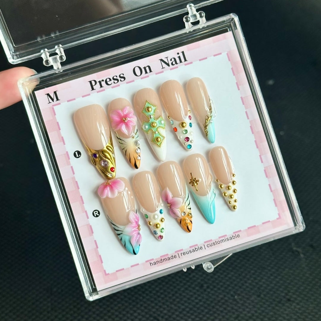 Artistic Floral Accent Press-On Nail Set with Gem Details
