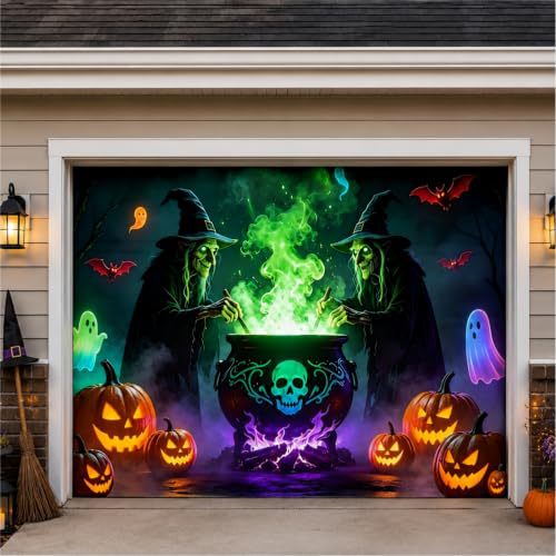 Large-format Halloween photo background made of weatherproof polyester with grommeted fastening edge and bright Haunted House motif