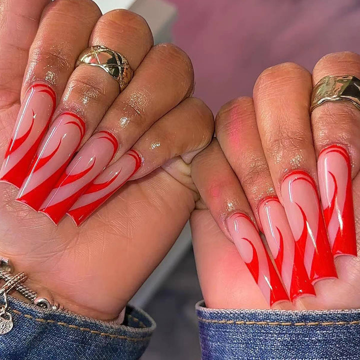 Artful nail extensions with fire pattern Kalsten