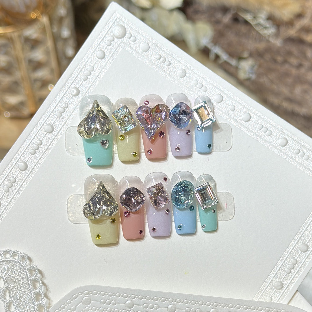 Artistic Press-On Nail Set with Gemstone Embellishments Kalsten