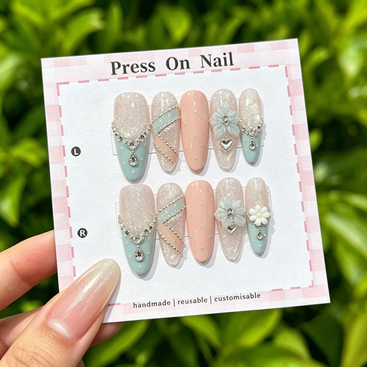 Artistic Press-On Nail Set with Tropical and Floral Accents