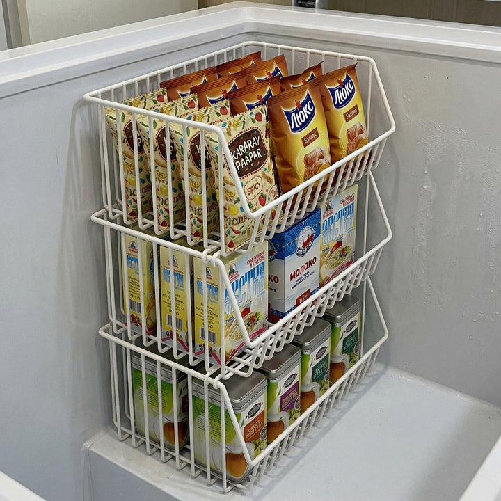 Two-Tier Refrigerator Wire Slide-Out Storage Basket Organizer with Stackable Removable Bins