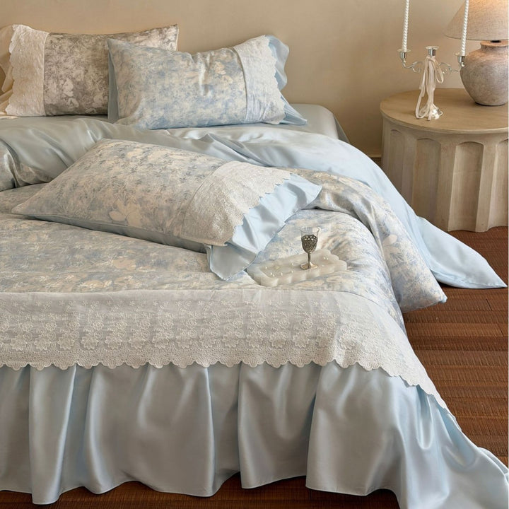 Luxurious satin bedding set with lace trim and ruffle